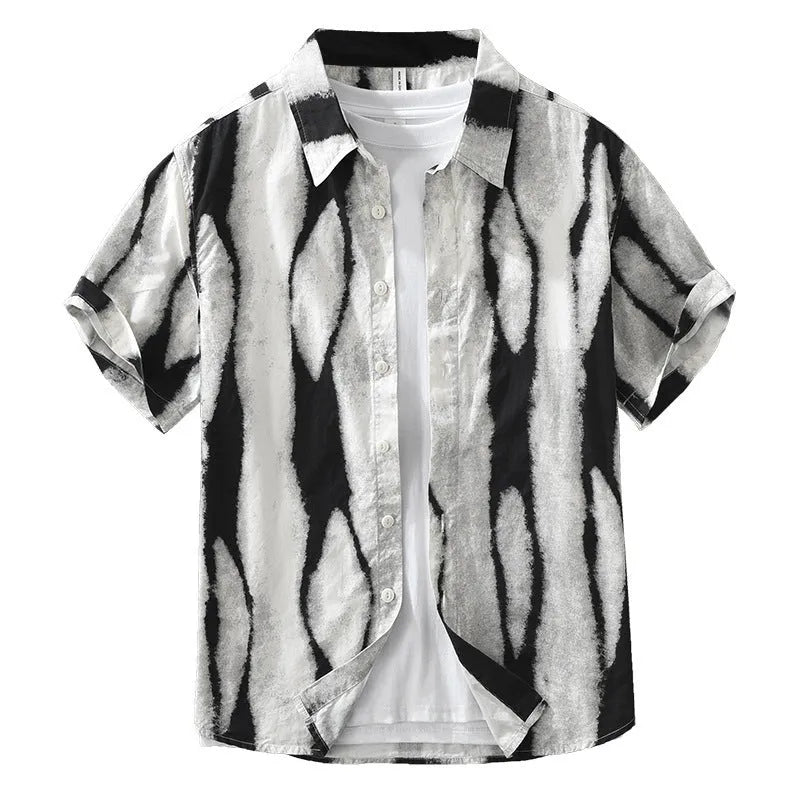 Men's retro striped short sleeve shirt in pure cotton with loose fit cardigan styling