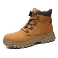Men's black leather safety work shoes with a rubber sole, shown on a white background.