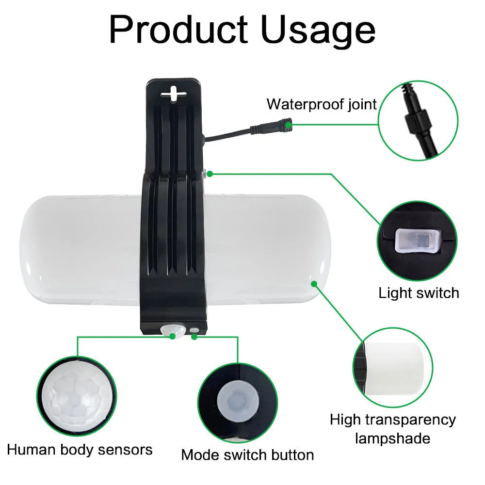 Black outdoor solar floodlight with motion sensor and three lighting modes