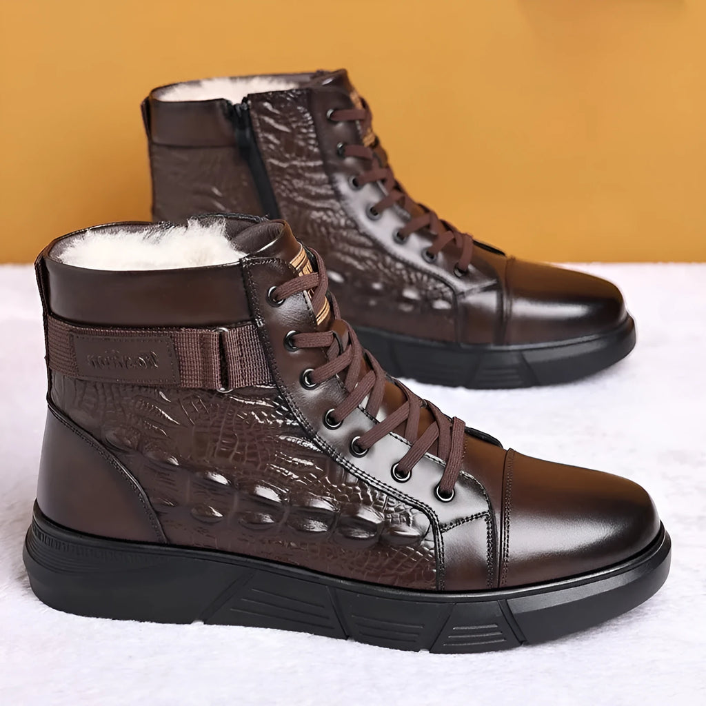 Men's black genuine leather snow boots with fur lining and lace-up front