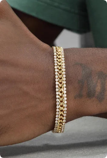 Gold titanium steel tennis bracelet with artificial gemstones showing hip hop European American style