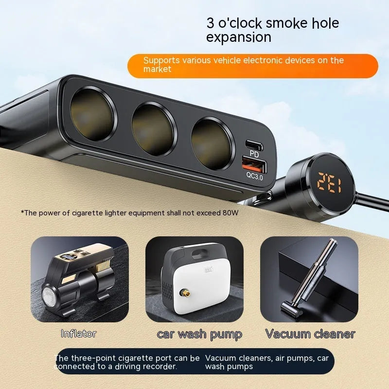 Black car cigarette lighter multi-port USB fast charger with PD and QC3.0 ports