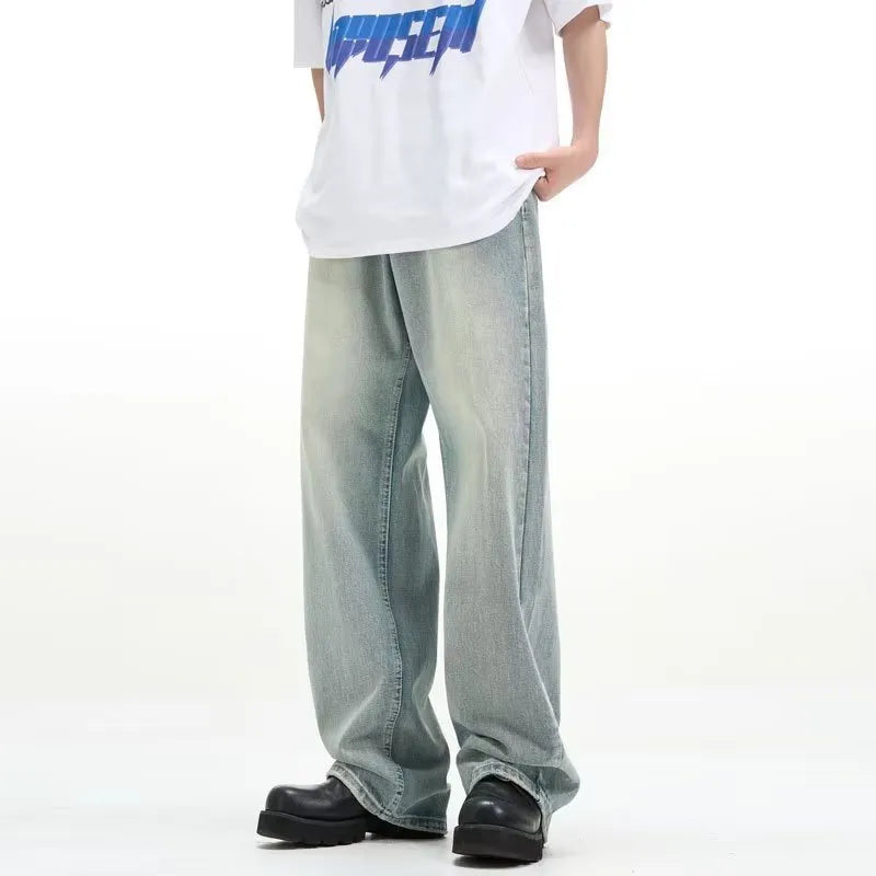 Blue loose-fit retro casual trousers made from rabbit fur, shown in a relaxed pose.