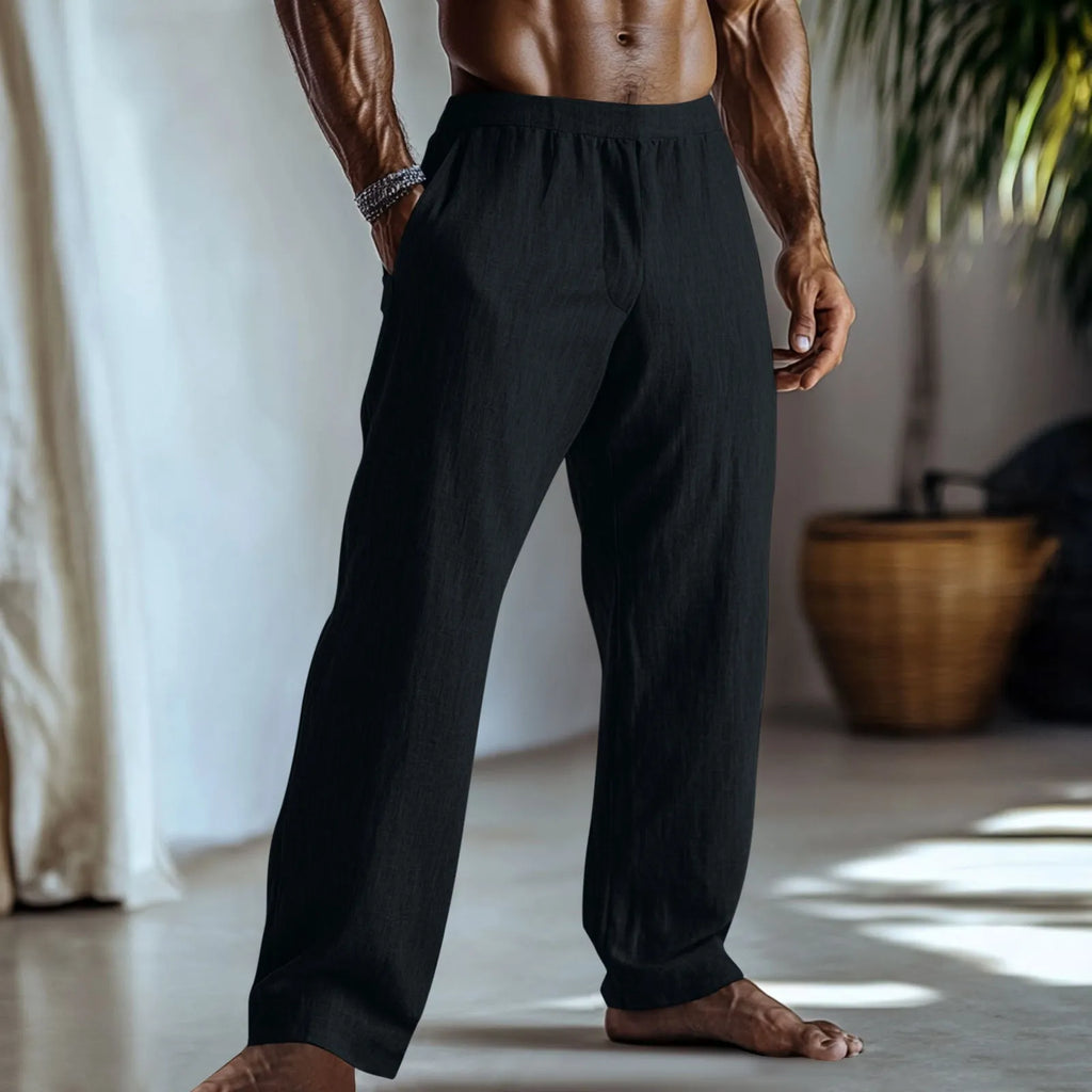 Cotton and linen straight-leg casual trousers in a solid colour with visible pockets.