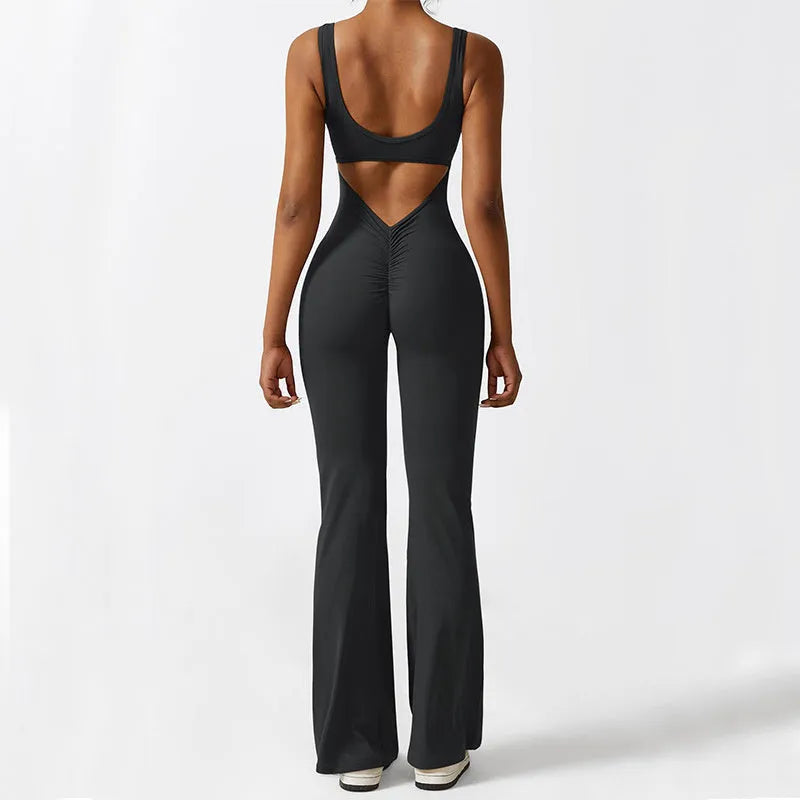 Women's sleeveless flare jumpsuit for fitness and yoga in high-elasticity polyester