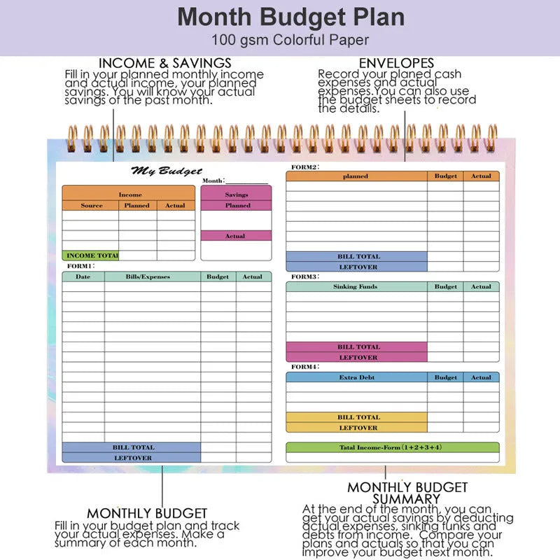 B5 spiral-bound budget tally book with a blue PP cover, open to show lined pages for income and expenditure tracking.