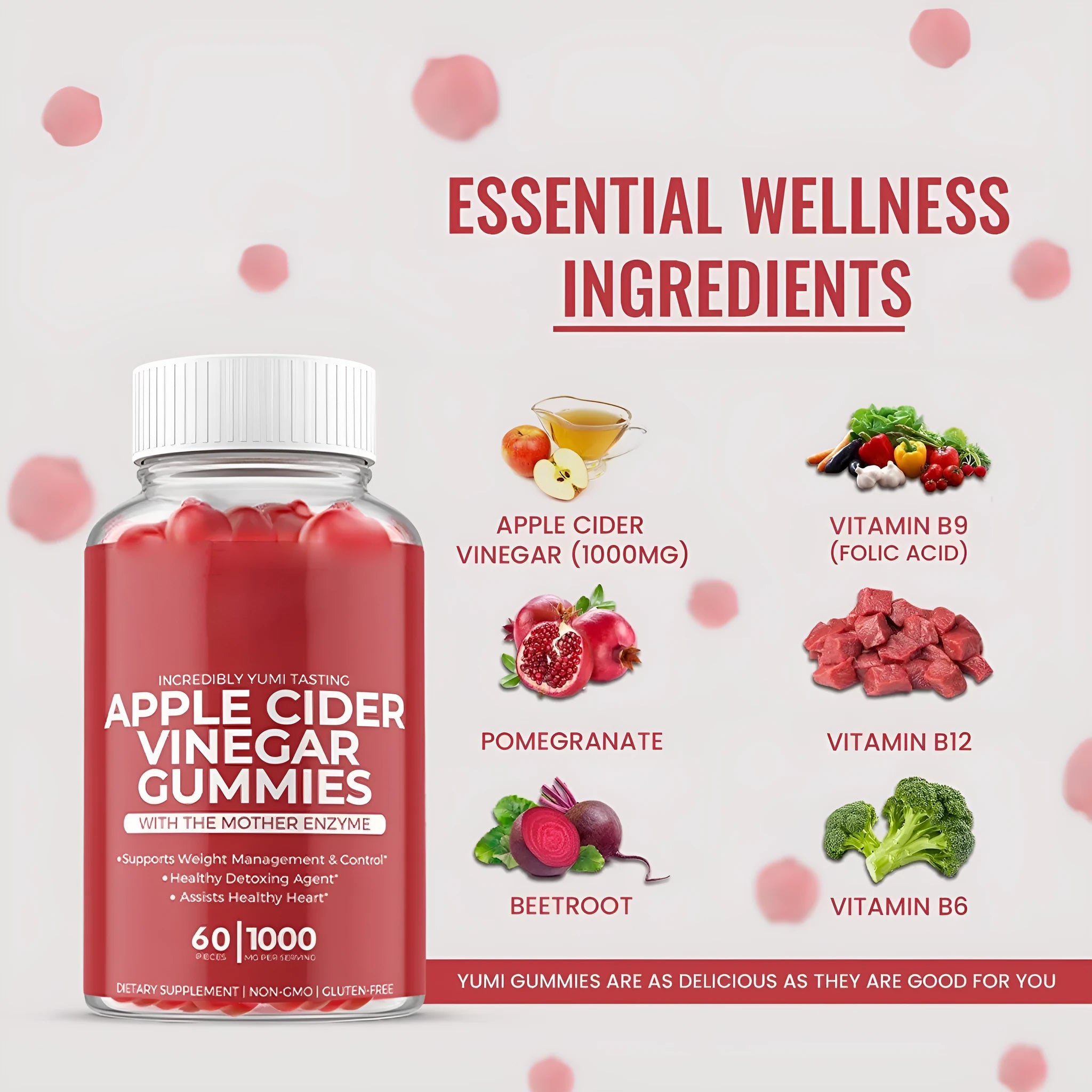 Bottle of apple cider vinegar gummy supplements containing 60 tablets for adult nutritional support