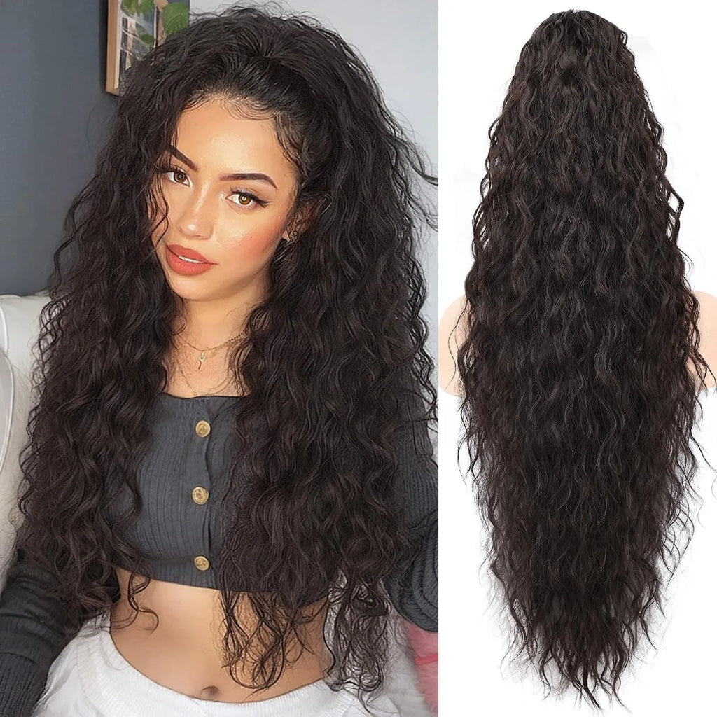 Synthetic curly ponytail wig with grip attachment in 30-inch length on display stand