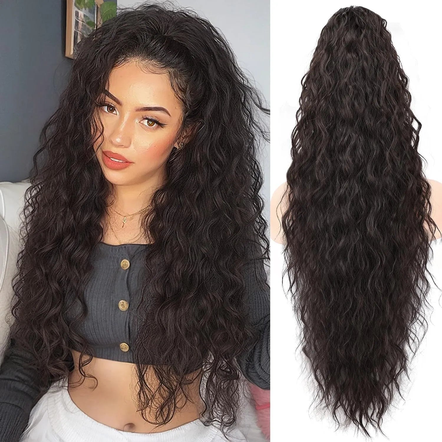 Synthetic curly ponytail wig with grip attachment in 30-inch length on display stand