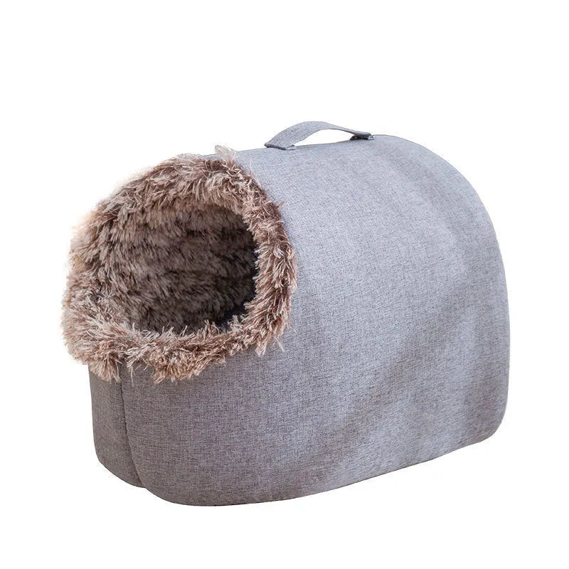 Fleece-lined closed cat nest sleeping bag in grey colour showing enclosed design