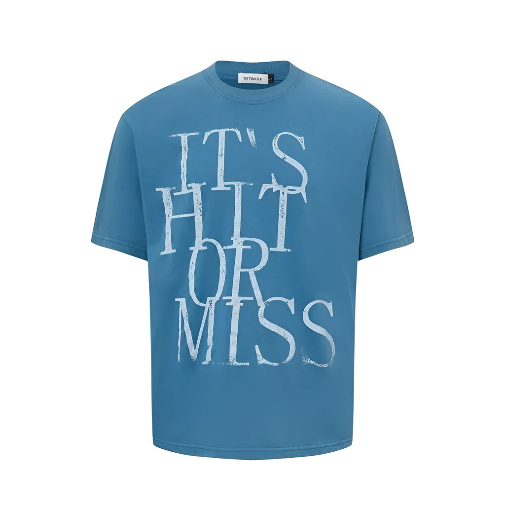 Men's blue American retro letter print cotton blend t-shirt with loose fit