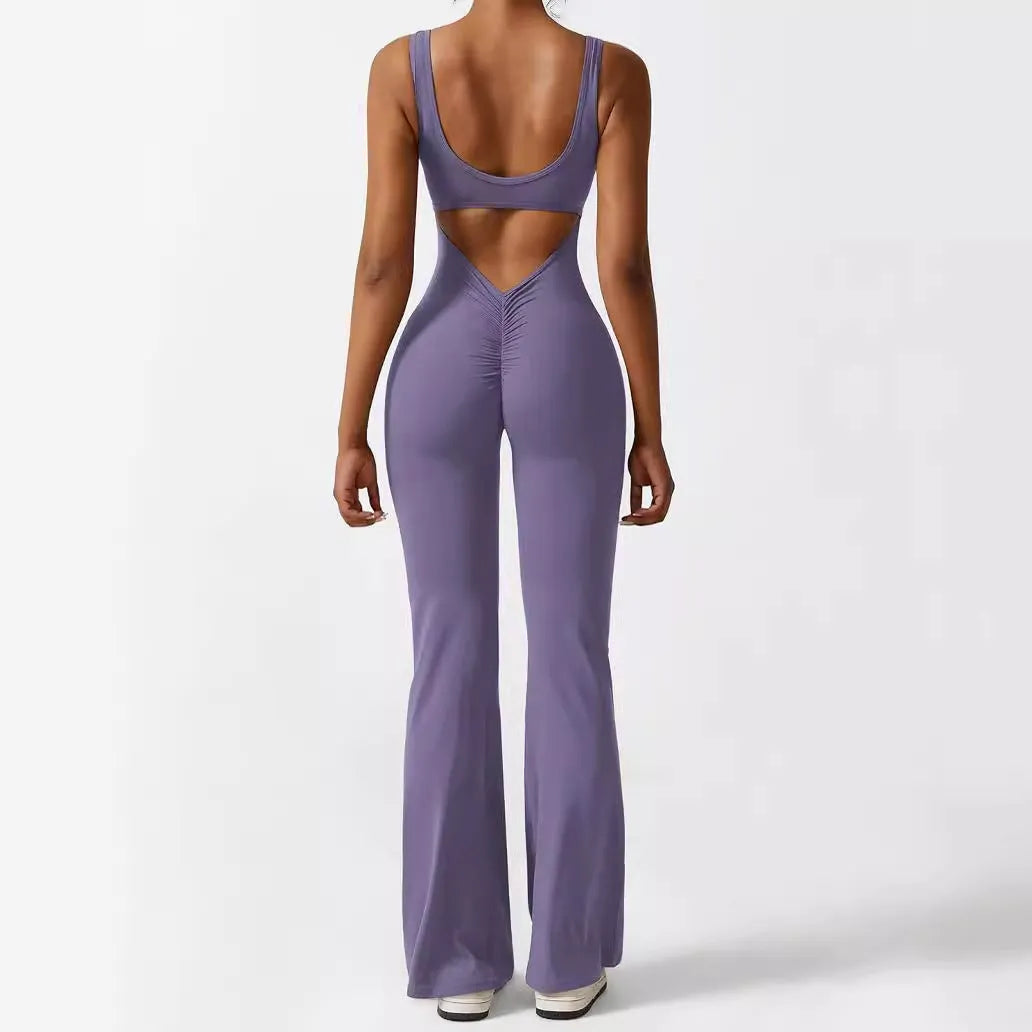 Women's sleeveless flare jumpsuit for fitness and yoga in high-elasticity polyester