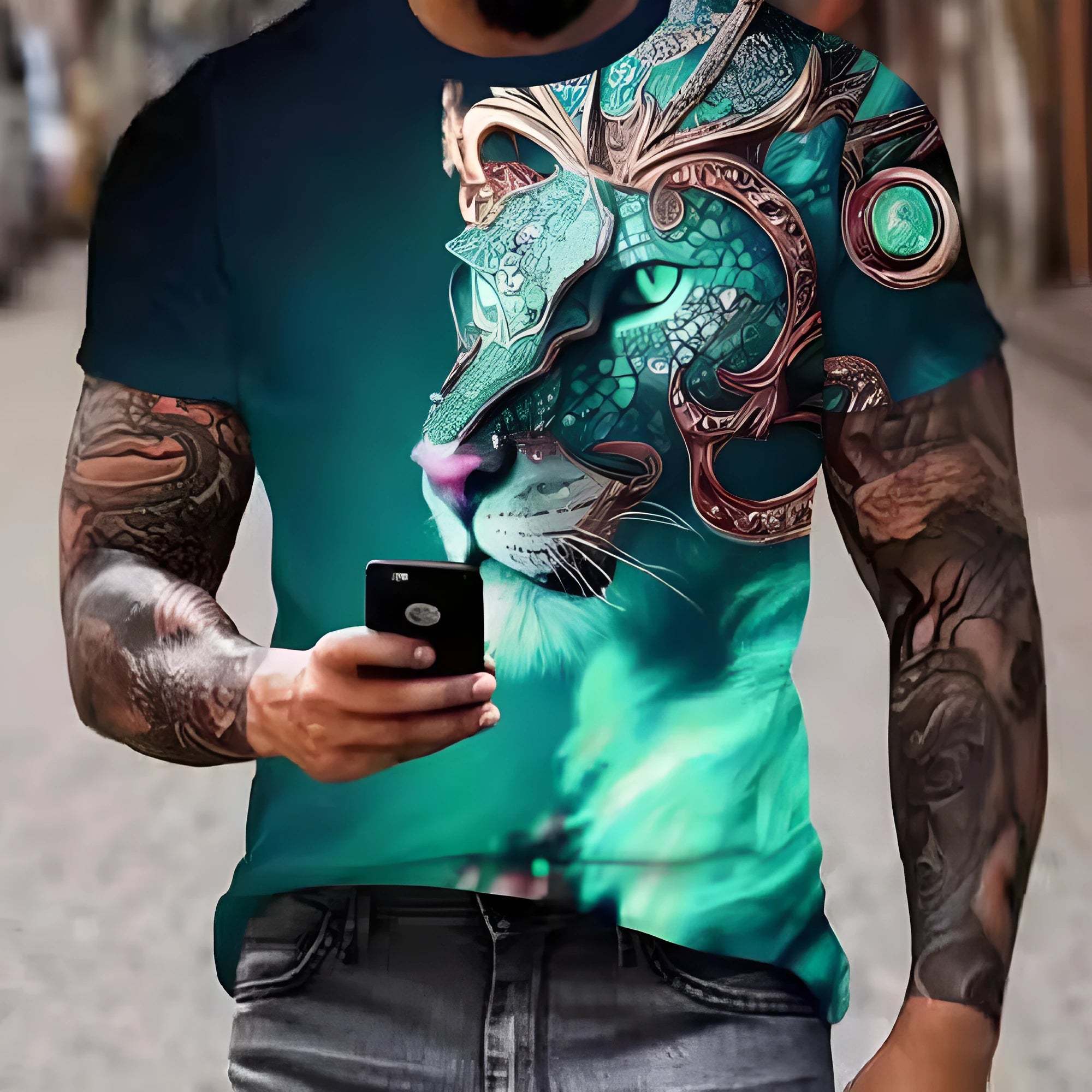 Men's 3D printed lion graphic T-shirt in polyester fabric showing fierce animal design