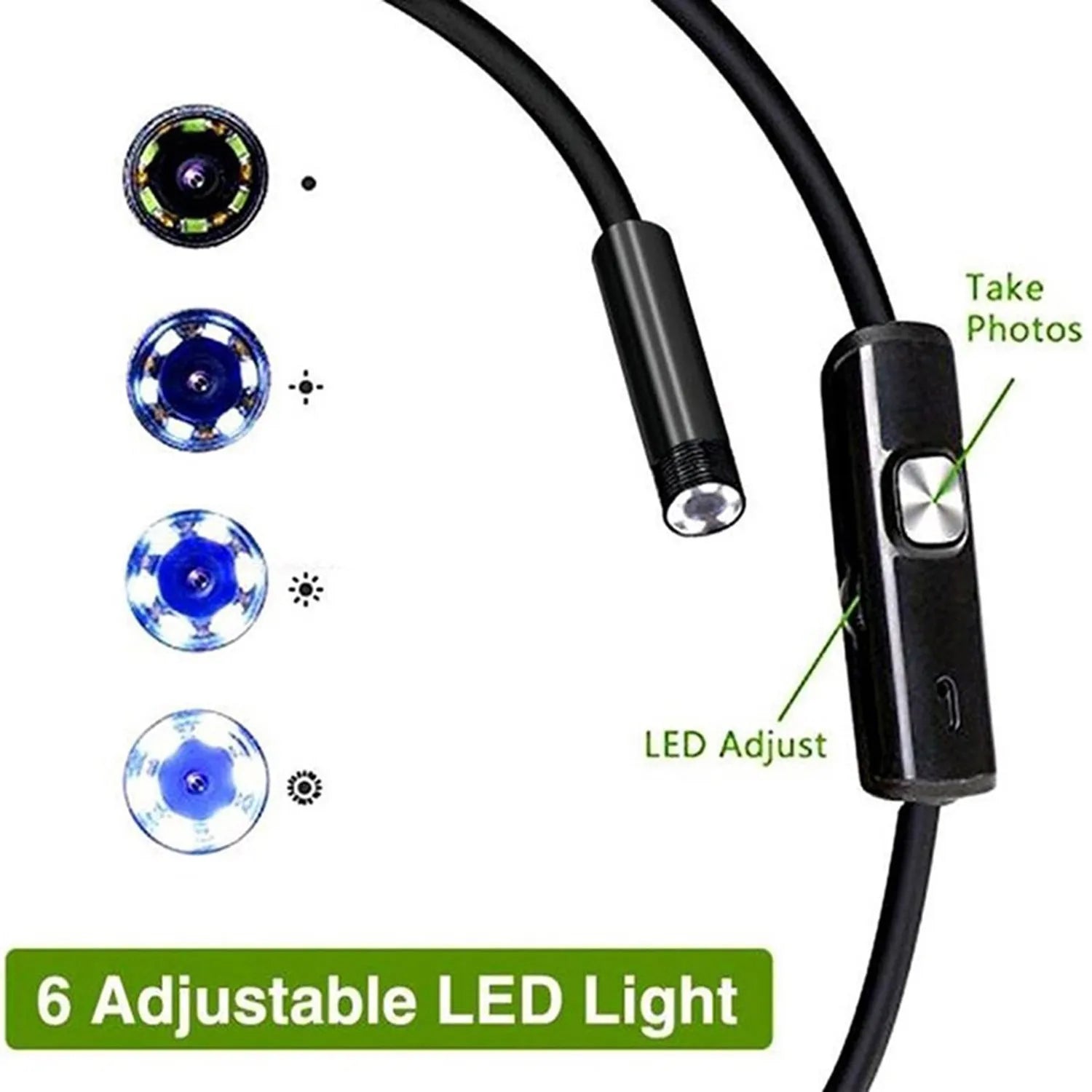 USB-C Android phone endoscope with flexible cable, IP67 waterproof camera probe, and side mirror, hook, and magnet attachments.