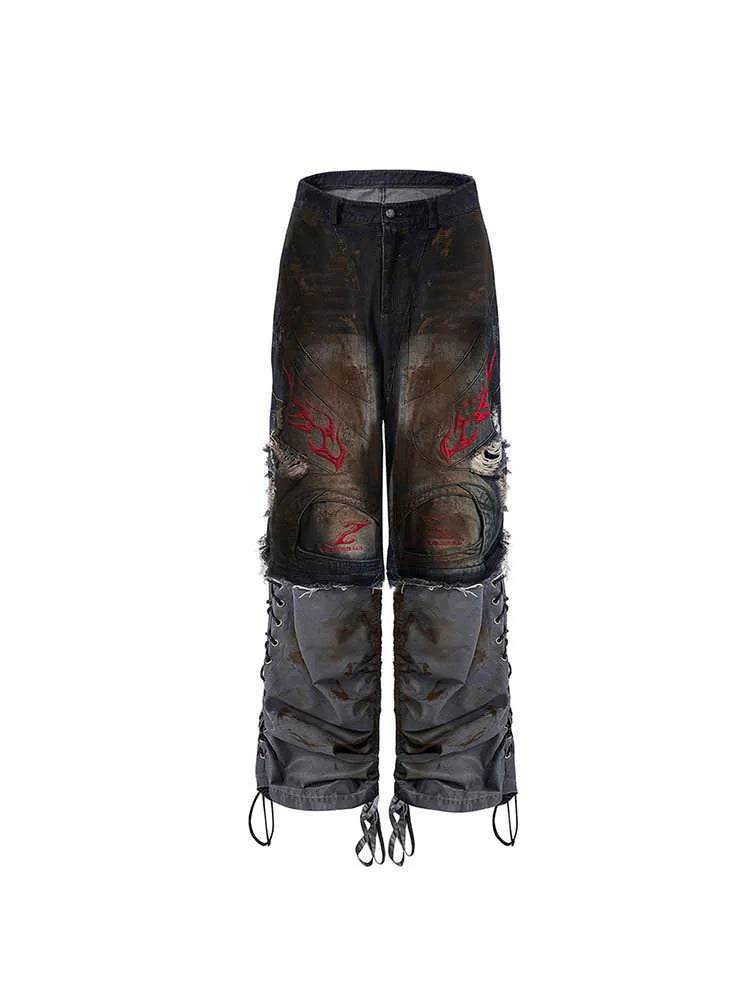 Men's retro jeans with detachable trouser legs in loose wide-leg fit and picture colour