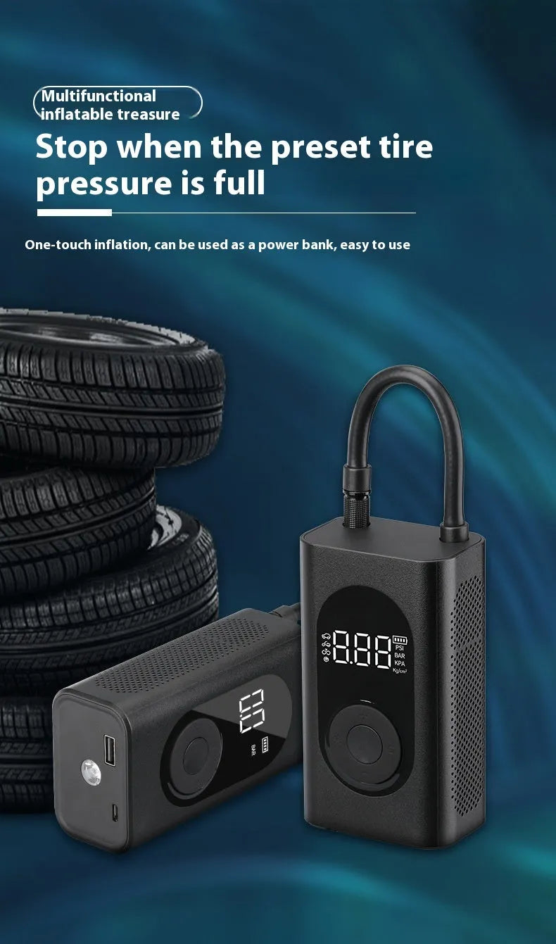 Portable wireless tyre pump with power bank and flashlight functions for multiple vehicle types