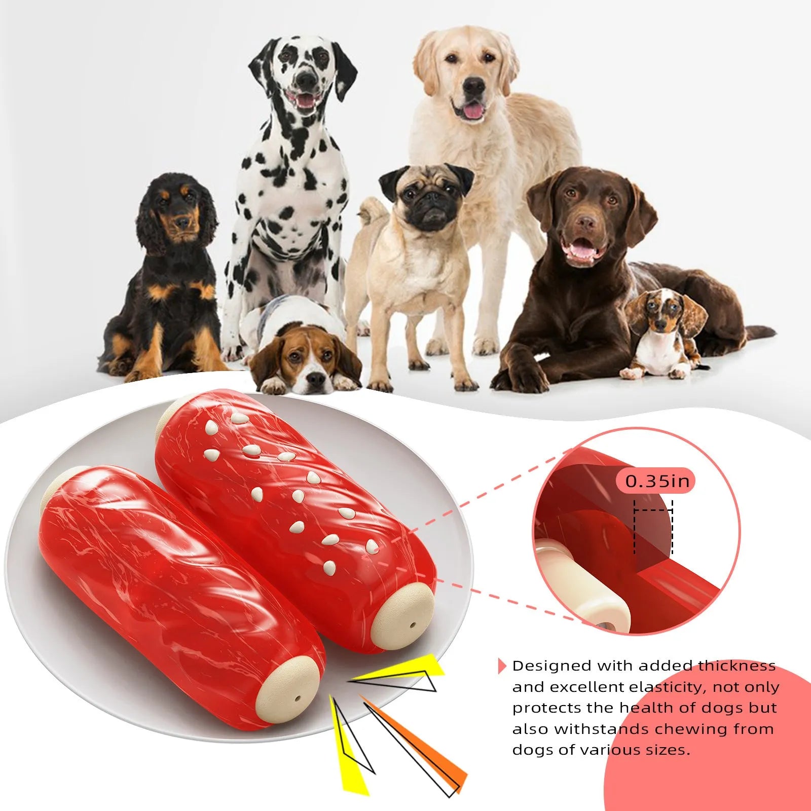 Primary colour plastic molar rod dog chew toy with treat holes.