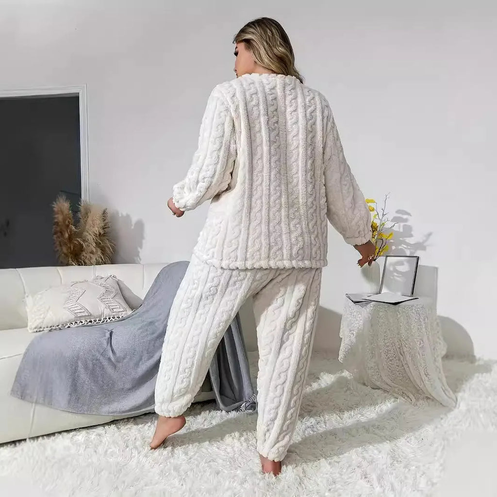 Women's creamy white polyester two-piece lounge set with crew neck top and matching trousers