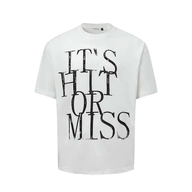 Men's blue American retro letter print cotton blend t-shirt with loose fit