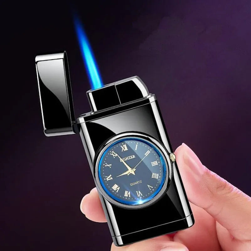 Multifunctional metal watch lighter with LED lamp in brushed black, mahogany, gold, or silver finish.