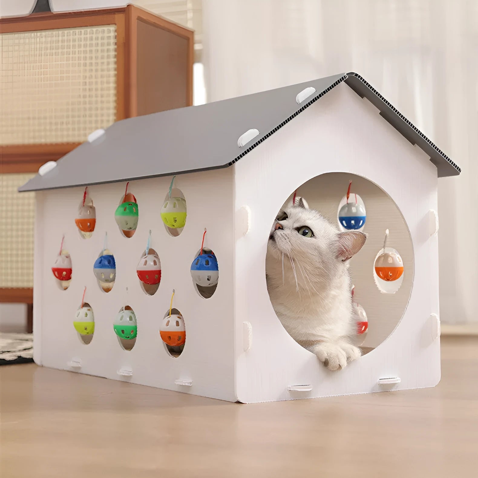 Plastic cat scratch board integrated with cat nest and bell ball tunnel toy