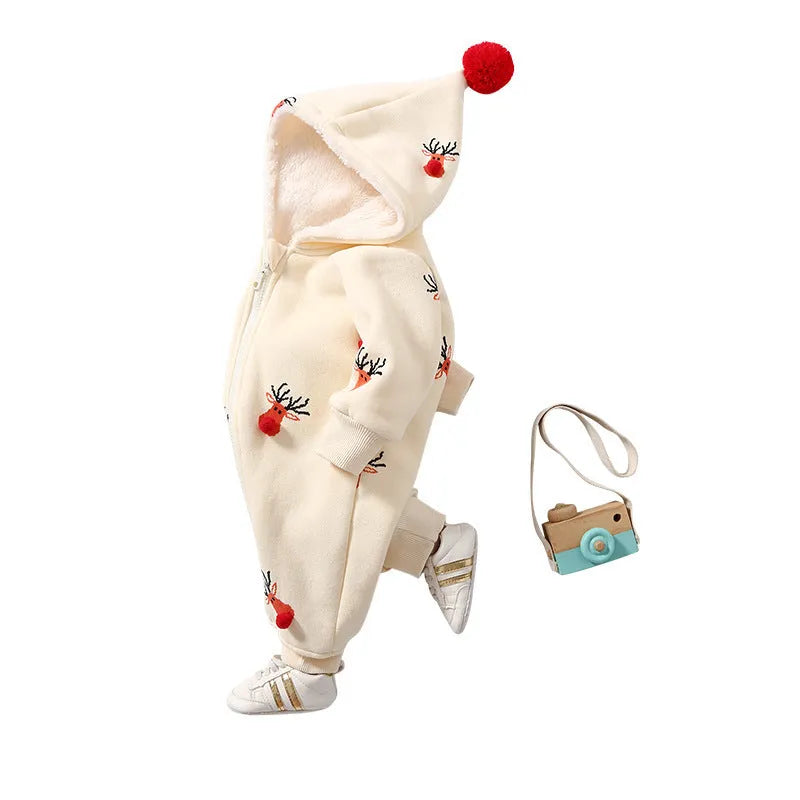 Khaki baby insulated crawling suit with Christmas moose print pattern, cotton Korean style design