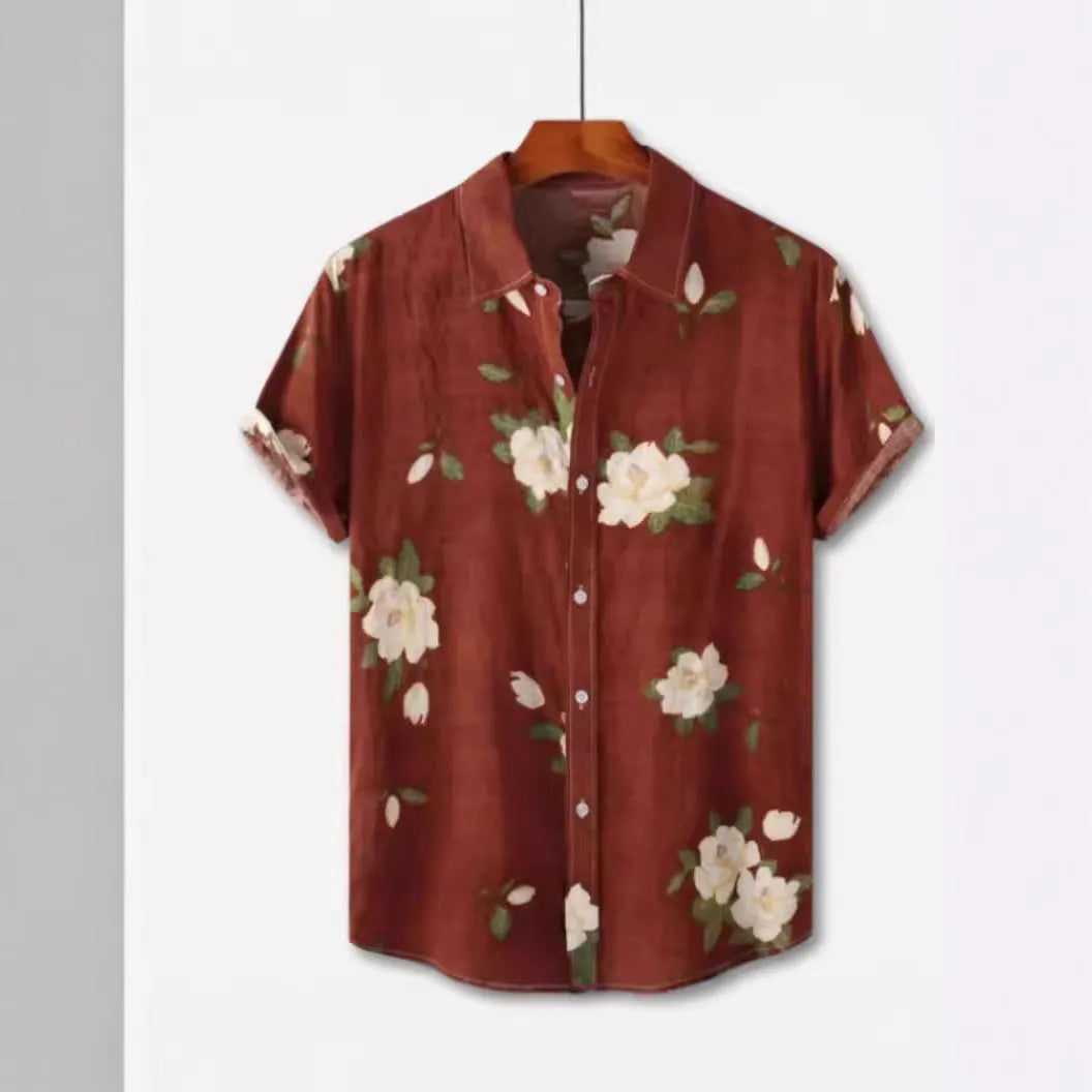 Floral print Hawaiian lapel short sleeve shirt on a hanger
