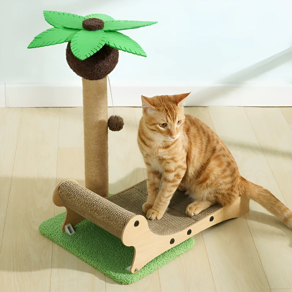 Wooden beach chair shaped cat climbing frame with integrated scratch mat and raised cat nest.