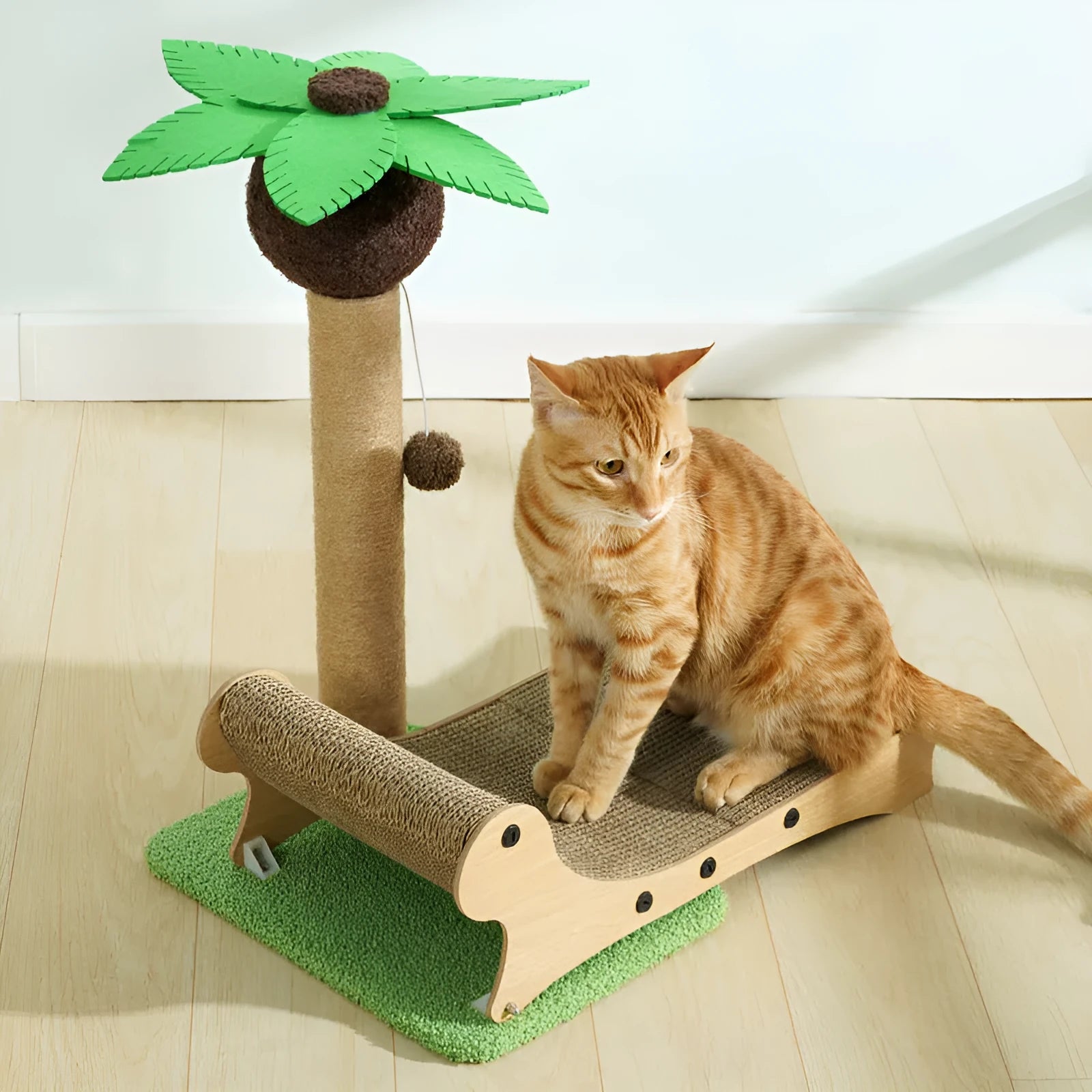Wooden beach chair shaped cat climbing frame with integrated scratch mat and raised cat nest.
