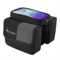 Black and grey bilateral tube saddle bag with touch screen compartment mounted on bicycle