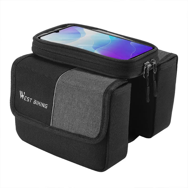 Black and grey bilateral tube saddle bag with touch screen compartment mounted on bicycle