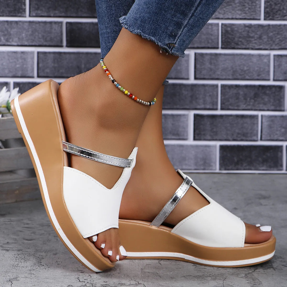 Women's summer peep-toe wedge sandals with thick sole, PU upper, available in Black White Champagne sizes 36-43