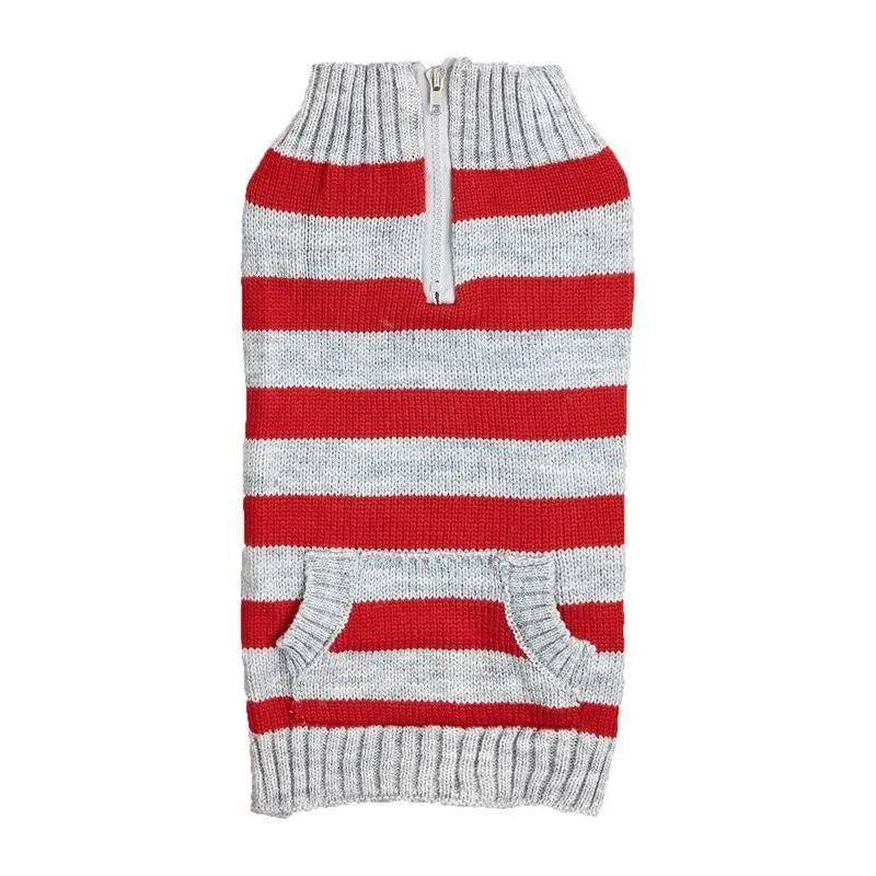 Grey acrylic dog jumper with a horizontal front zip and a green button pocket on a small dog.