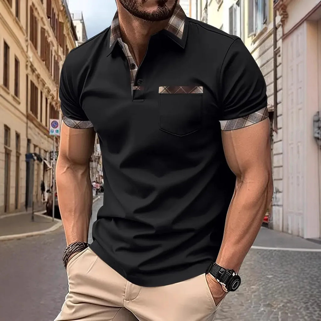 Man modelling a loose-fit plaid colourblock t-shirt with short sleeves and zipper details.