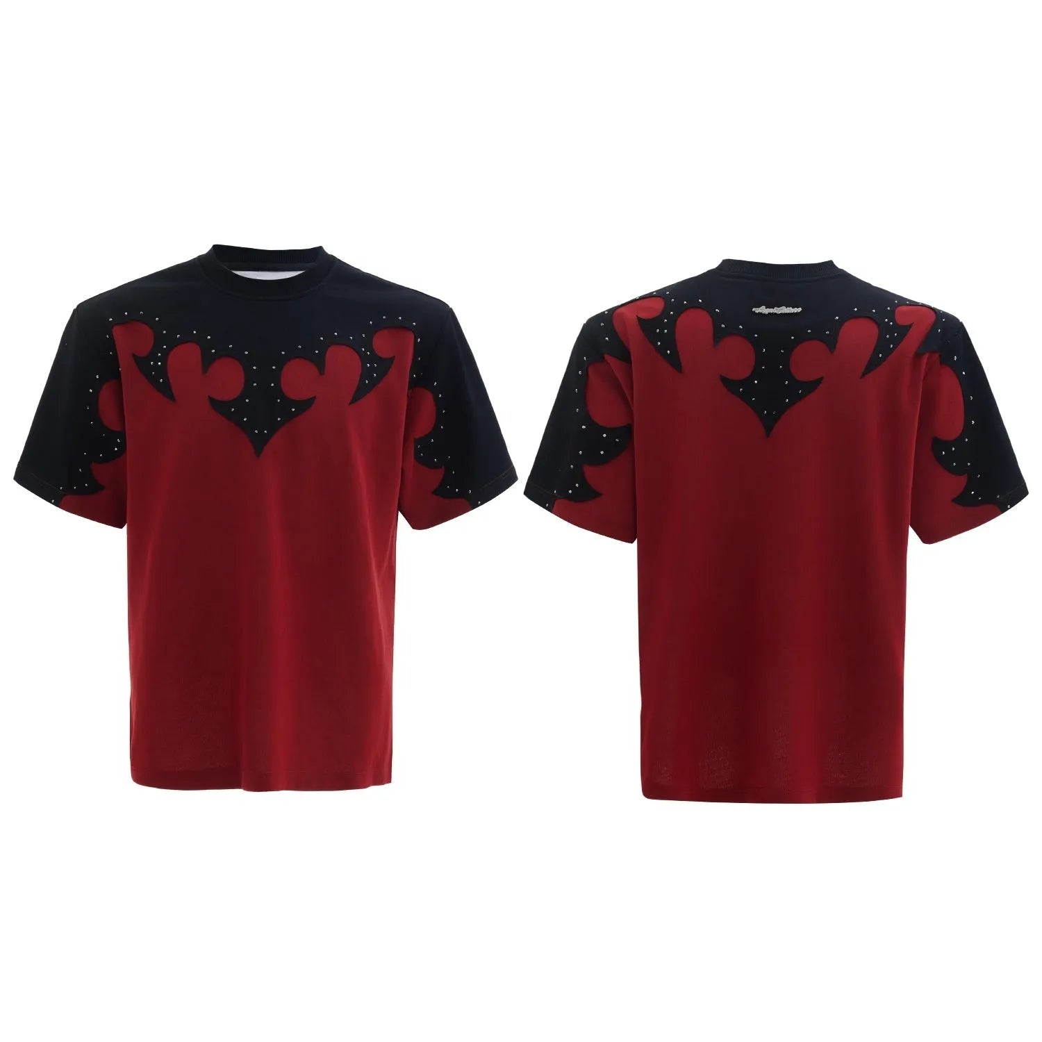 Men's grey cotton short sleeve shirt with burnt flower stitching and rhinestone details on the chest.