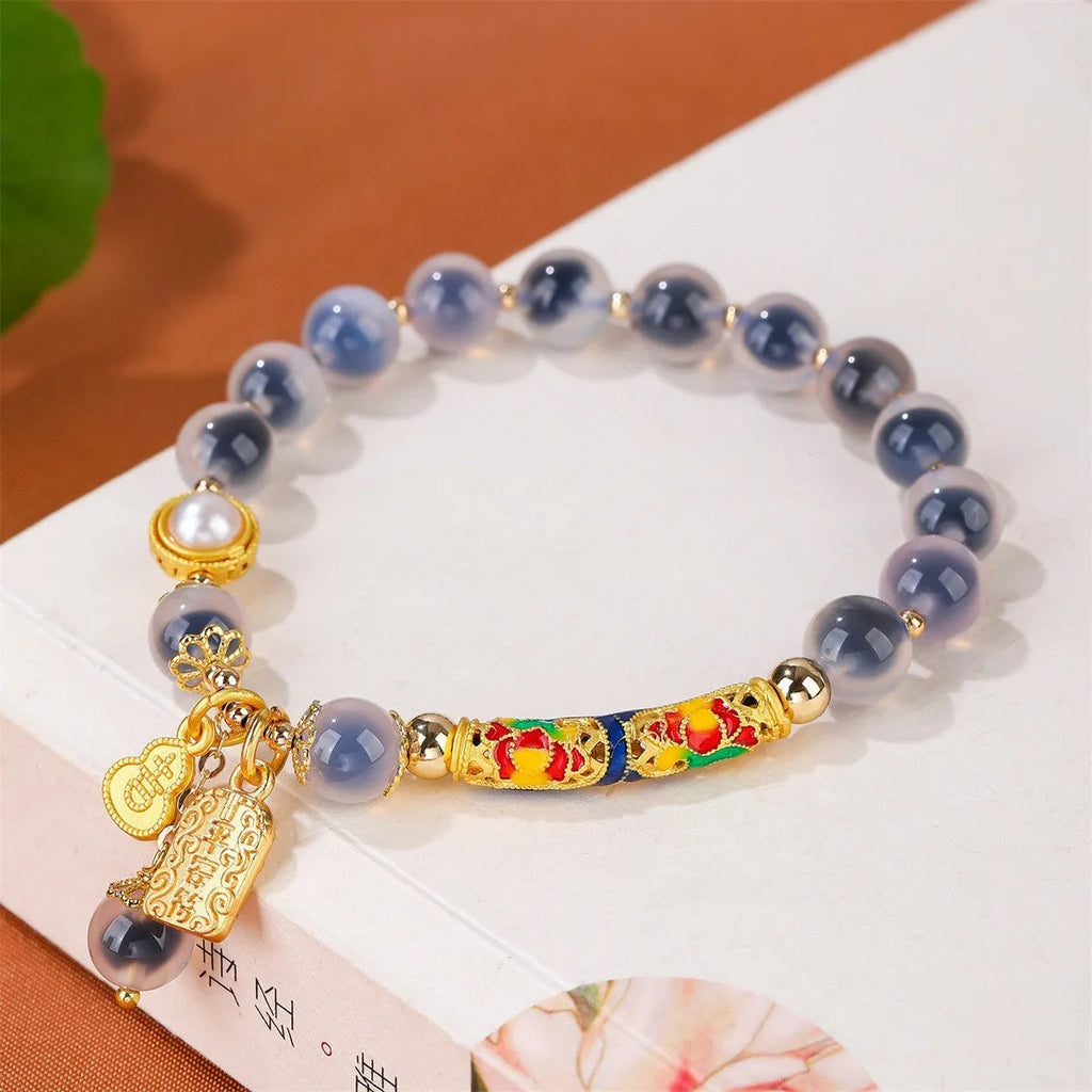 Handmade Sugar Heart Agate bracelet with adjustable cord in ethnic retro style