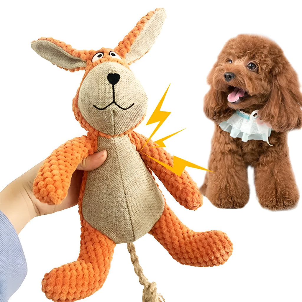 Four animal-shaped dog plush toys with squeakers: donkey, elephant, orangutan and rabbit designs
