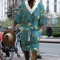 Men's peacock blue 3D printed casual suit with knitted shorts and matching T-shirt top