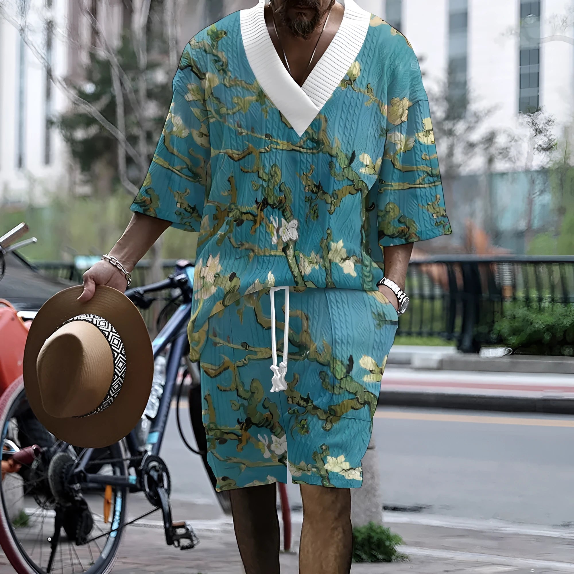 Men's peacock blue 3D printed casual suit with knitted shorts and matching T-shirt top