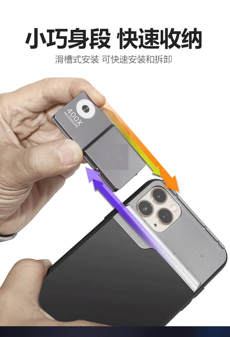 Black silver aluminium alloy and TPU mobile phone microscope lens with 400X magnification for iPhone compatibility