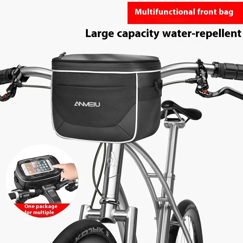 Black folding polyester bicycle bag with 7 inch capacity mounted on handlebars.