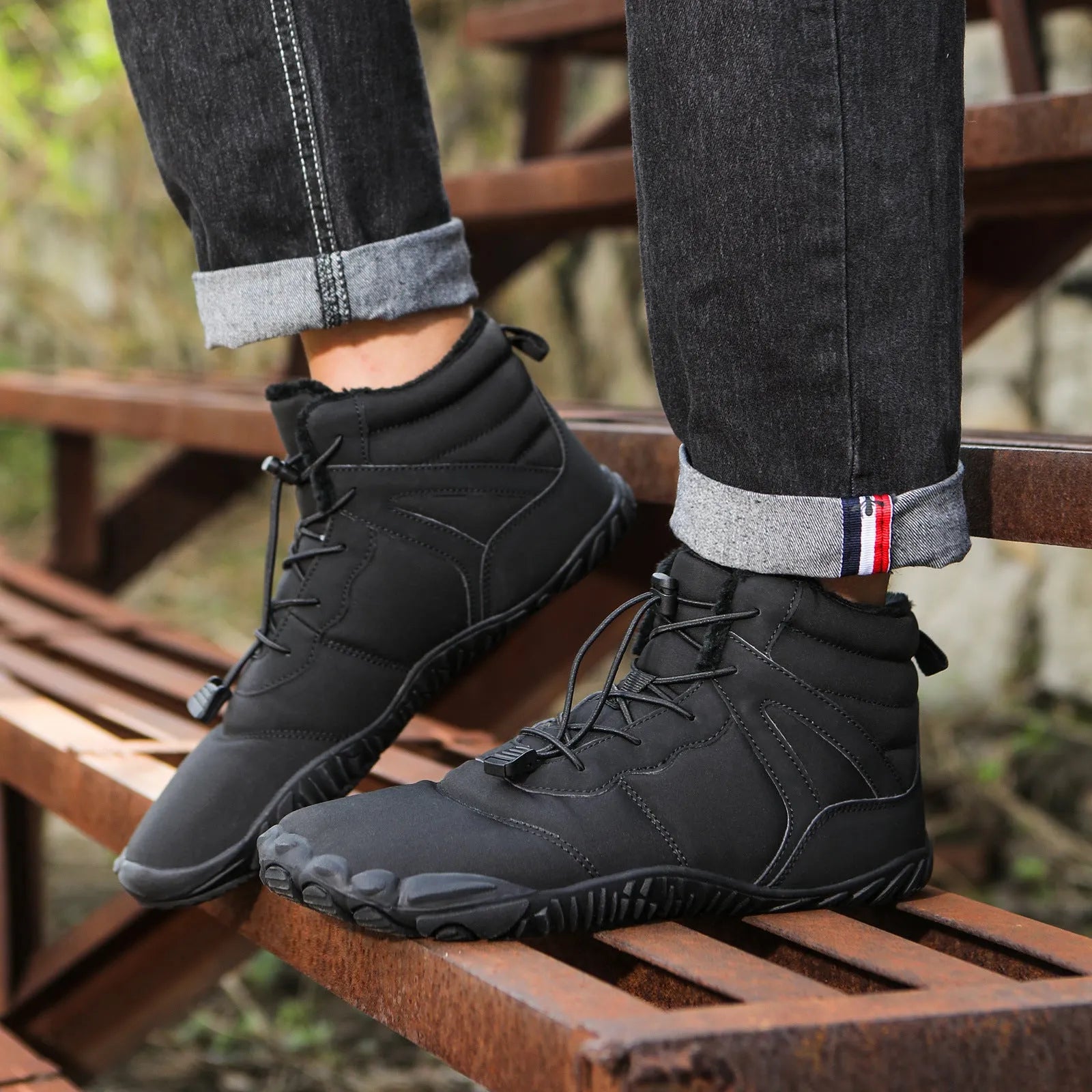 Beige and grey five-finger waterproof fleece-lined snow boots with rubber hiking outsoles.