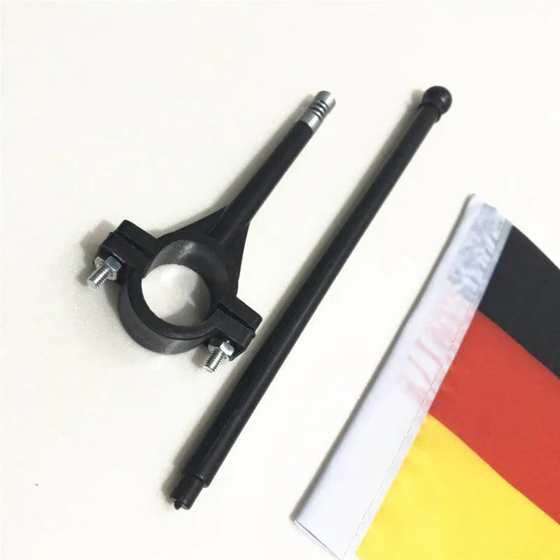 Cycling flag with square polyester fabric attached to plastic pole for handlebar mounting