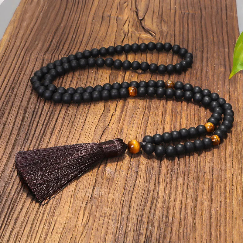 Beaded tigereye stone bracelet and necklace set with tassel pendant on 81cm chain