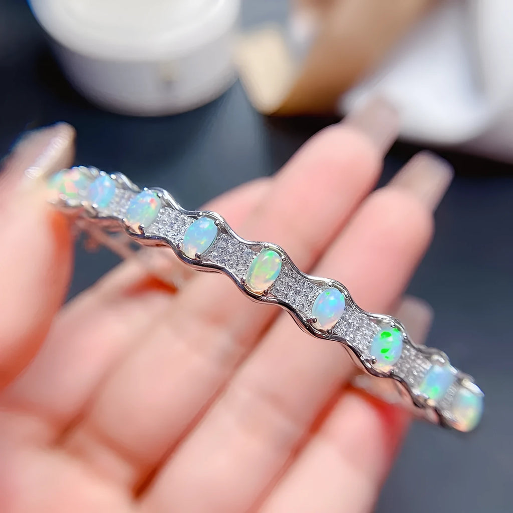 Natural opal bracelet in 925 silver with white gold plating, platinum colour, women's casual style