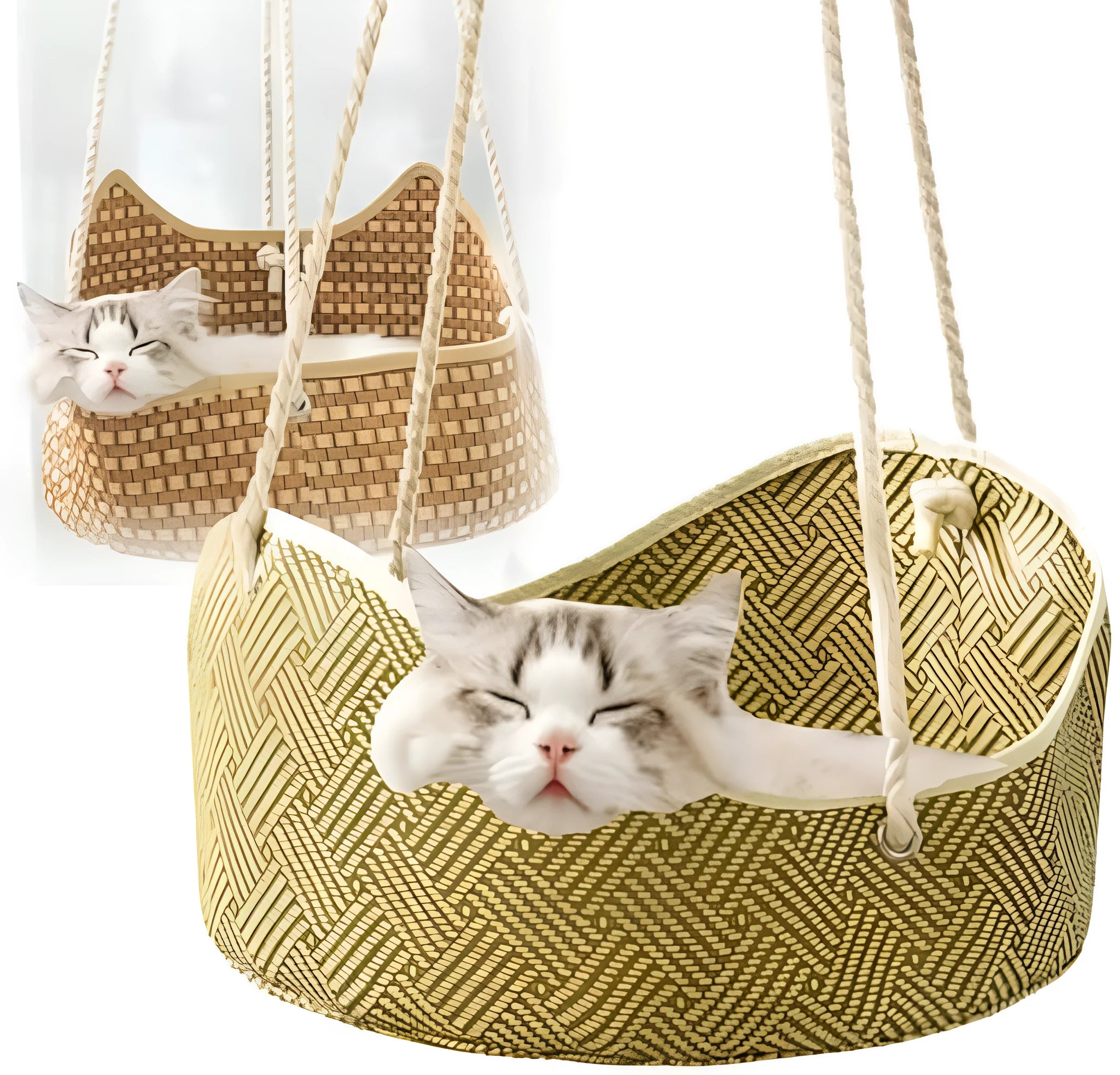 Green rattan cat hammock with bamboo frame and metal hooks, 40cm by 20cm pet bed