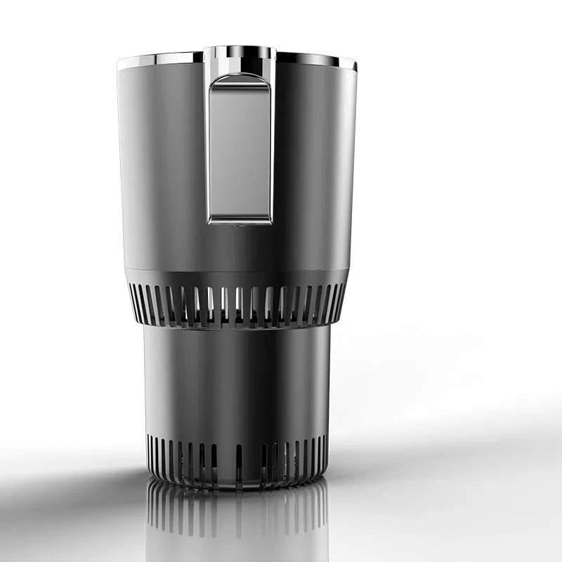 Black 12V car cup warmer and cooler with digital temperature display placed in a car cup holder.