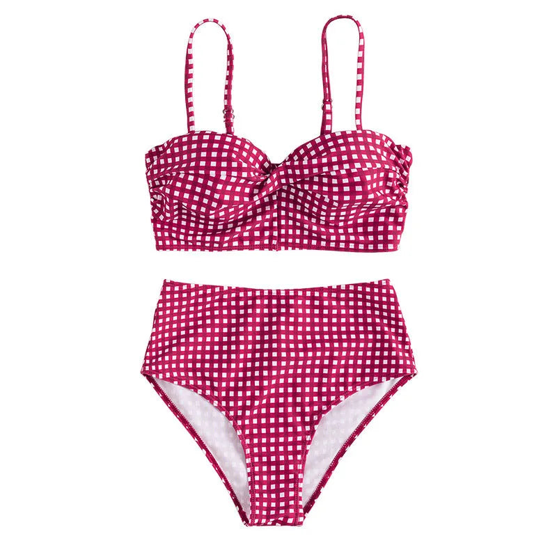 High-waist plaid bikini swimsuit set for women in rose red, shown with separate top and briefs.
