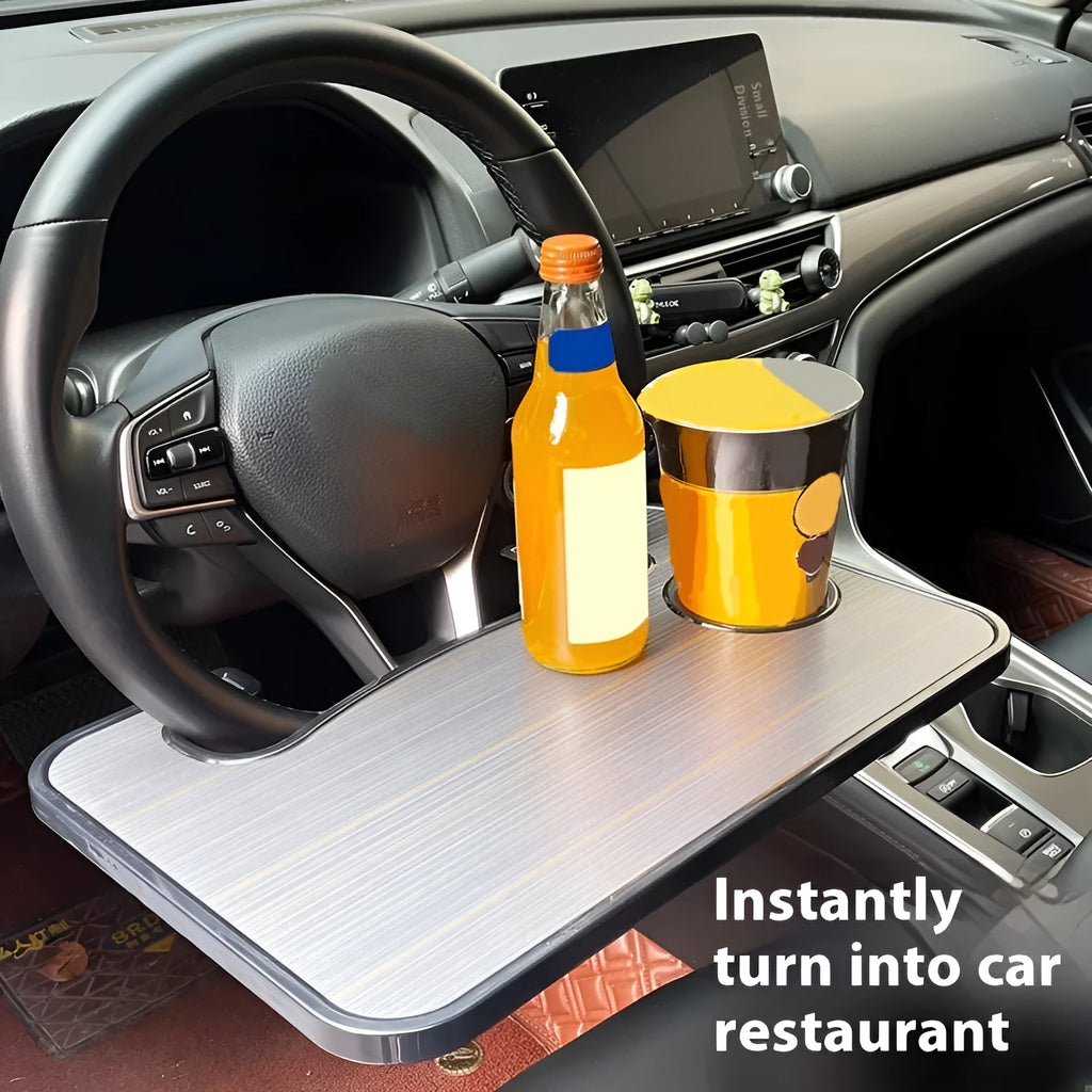 Black foldable car steering wheel tray with laptop and cup holder on ABS plastic stand
