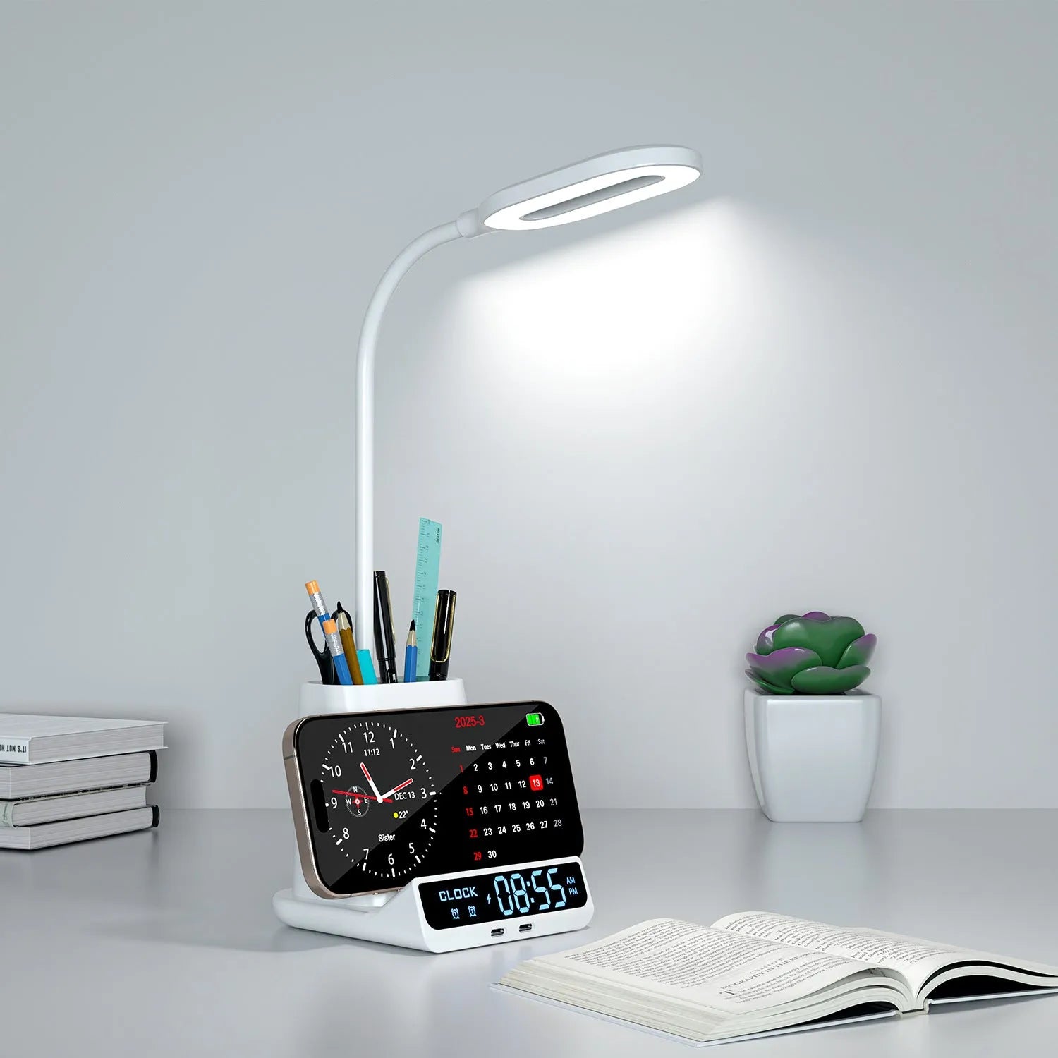 Modern minimalist wireless charging desk lamp with built-in pen holder and storage compartment